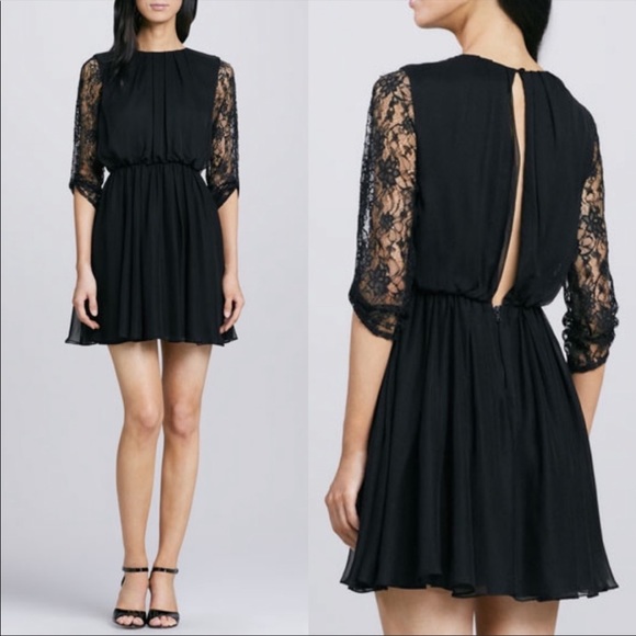 100%Silk Alice + Olivia Shirred Lace Sleeve Dress - Picture 7 of 16